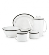 In the hands of kate spade, black and white is anything but basic. Dancing ebony stitched stripes provide a stunning contrast to the pristine china of the Union Street round serving bowl (shown left).
