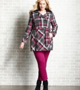 Look pretty in plaid with Dollhouse's plus size double-breasted coat, accentuated by a belted waist-- stay warm and stylish this season!