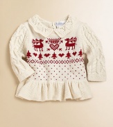 With its classic knit reindeer design, a sweet cable-knit cotton cardigan features pointelle ruffles and a peplum hem capturing the spirit of the season.Pointelle ruffled collarLong cable-knit sleevesSingle back buttonPeplum hemCottonMachine washImported Please note: Number of buttons may vary depending on size ordered. 