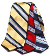 Multi-tone stripes cut across this thick silk tie for effortless office style.