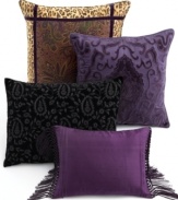 Pure silk is revamped in rich purple, accented with pin-tuck pleating and finished with sassy fringe piping upon this striking decorative pillow. Coordinate with the New Bohemian bedding to complete this revolutionary look.
