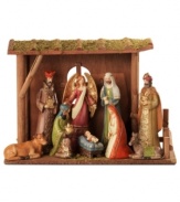 Decorate your home with this comprehensive nativity scene to remind friends and family of the true meaning of the holiday season. With golden embellishments.