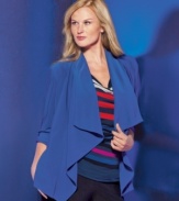 A draped front lends an elegant ease to Calvin Klein's roll tab sleeve plus size jacket. (Clearance)
