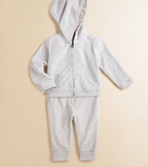 This rich velour two-piece set comprised of a hoodie and jogging pants, makes a great outfit for playtime.Attached hood with classic check liningZip-front styleFront kangaroo pocketMatching pants with elastic waistCottonMachine washImported