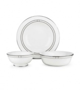 Leave it to kate spade to improve the traditional china pattern. Reminiscent of seed pearls, her signature monogram lends a lustrous accent to the Noel Alabaster pasta bowl/rim soup (shown right).