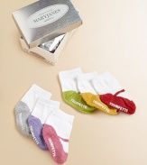 Six pairs of colorful Mary Jane socks packaged in a striking, metallic box.80% cotton/17% acrylic/3% spandexMachine washImportedAdditional InformationKid's Shoe Size Guide (European Equivalent) 