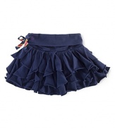 This whimsical cascade ruffle skirt in comfortable cotton jersey is adorned with drawstring detailing for a fun and flirty style.