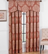A regal damask print repeats upon a soft, washed ground in this Palmetto window valance from Regal. Featuring an effortless back tap top header with tailored pleats in the front, the achieved look is fitting for casual and traditional decors alike.