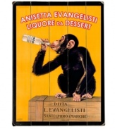 Have a sense of humor behind the bar or in the kitchen with this iconic 1925 Italian advertisement for Anisetta Evangelisti. A standout piece for serious entertainers, featuring a vibrant print on distressed wood.