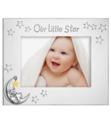 Let him shine. Cherish special moments in the Best Wishes Our Little Star picture frame, featuring polished silver plate with an embossed bear in the moon and dangling star. A cute gift for new parents, from Lenox. Qualifies for Rebate