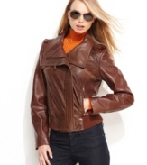 Kenneth Cole Reaction updates supple leather and bomber jacket details with a modern, fitted silhouette. A banded knit hem adds authentic appeal.