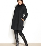 DKNY's plus size wool-blend coat features a swingy, empire-waist silhouette and a knit collar for an extra-cozy touch!