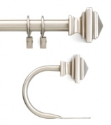A truly contemporary design, the Hudson window drapery rod pairs a square-cut finial design with a soft nickel finish that lends itself to many modern style decors. Coordinates with the Hudson window hardware collection from Peri.