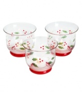 Etched and painted with a festive pattern of holly and berries, the Winterberry votive candle holders from Pfaltzgraff make a merry impression in any holiday home. (Clearance)