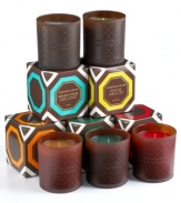 Follow your nose to Big Sur, Aspen and other dream lands with inspired Destination candles by Jonathan Adler. Aromas like clove, sage and eucalyptus transport you to your happy place and, with colored wax and a frosted geometric pattern on the vessel itself, set the scene wherever you are.