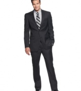 Always a classic. Stripes bring added style to any affair with this polished slim-fit Kenneth Cole suit.