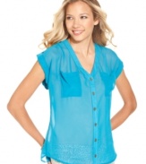 Sheer genius, indeed! A cool back cutout lends totally alluring style to this sheer button-down top from 6 Degrees.