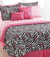 It's a jungle out there! The Zenia Zebra reversible comforter set takes you on a style safari with a bold zebra and vine prints in chic black, white and pink. The comforter, shams, sheeting and decorative pillows are all reversible, giving you endless mix and match options.