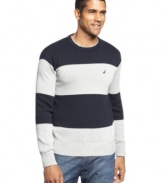 With a sporty, modern look, this striped Nautica sweater is a fresh choice for a season of sweaters.