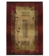 This square rug features a striking design of two vines in silhouette against a ground of rectangles framed with borders. Hues of sage green, gold, beige and russet blend into each other with striations and stain-like effects to impart a weathered, timeworn feel.
