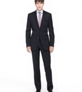 Update your tailored look.  This sleek Bar III suit infuses a modern cut with classic black impact.