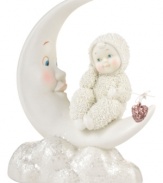 To the moon and back. A piece to cherish for yourself or loved ones, this figurine from Department 56 features an adorable Snowbaby sitting upon a half-moon in pure porcelain bisque.