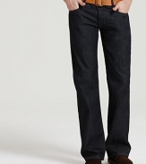 Diesel slim bootcut jeans with five pocket styling and button fly. 12.5 oz denim. In an ultra dark wash, an almost raw look.