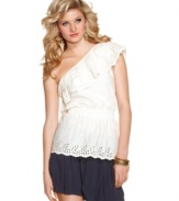 Revel in your ultra-feminine style with this top from Jessica Simpson, where pretty eyelets adorn a ruffled one-shoulder silhouette!