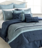 Revive your room in a fresh splash of style with this Ambrosia comforter set, boasting a sea of blue hues embellished with an eclectic mix of prints, embroidery and rich solids. Comes complete with coverlet, bedskirt, shams and a pile of decorative pillows for a completely revitalizing look.