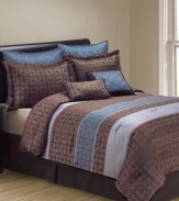 Rich with pattern, the Mackenzie jacquard comforter set offers a bold look of distinction in warm tones of cocoa, burgundy and taupe. Quilted accents and a coordinating solid bedskirt accent the set with sophistication.