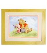 The picture of happiness, Sunny Day Smiles by Mark Cote captures a perfect moment between Disney's Winnie the Pooh and Piglet. A trail of Swarovski crystals follows a dragonfly that's caught their attention, sparkling amid vibrant watercolors.