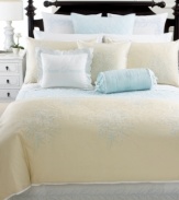 Delicate embroidery in light blue embellishes pure white Egyptian cotton for a crisp, refreshing appeal.