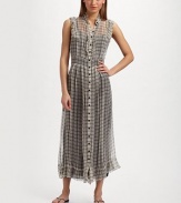 Airy silk chiffon in graphic window checks, is trimmed with ruffles for an ultra femme design.Ruffled collar Sleeveless with ruffle trim Ruffled front button placket Seamed waist Ruffled hem Contrast rayon camisole dress About 50 from shoulder to hem Silk; dry clean Made in Italy