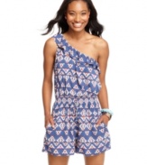 Southwestern style goes tres-cute with this comfy-cool romper from Fire! Boasts a ruffled, one-shoulder design plus a totally eye-catching print!