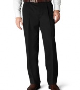 Comfy and casual, this handsome double pleat pant does double-duty as a worktime friend and after hours playmate.