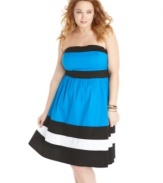 Lock up an on-trend look with Trixxi's strapless plus size dress, showcasing a colorblocked pattern.