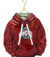 Fitting for Ohio State alum, this hand-painted hoodie ornament trims the tree in Buckeyes red and white. Glitter amps up the school and holiday spirit.