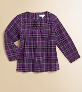 A standout check pattern embellishes this plush cotton blouse with pleated neckline.Round necklineLong sleevesBack buttonsCottonMachine washImported Please note: Number of buttons may vary depending on size ordered. 