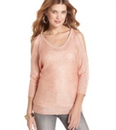 Sparkle and shine in Say What?'s shoulder-cutout sweater! A splash of sequins adds wow-factor to this must-have pullover.