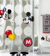 See you real soon! The ever-lovable Mickey Mouse steals the show in this classic shower curtain from Disney for a playful addition to your bathroom.