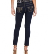 A stream of gold-tone sequins lends heavy metal cool to these dark wash skinny jeans from Rewash!