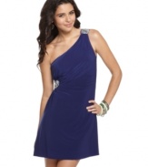 Hailey Logan's one-shoulder silhouette is sophisticated with a chic A-line cut and beaded embellishments at the hip and shoulder.