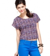 Zigzag mania reigns on this printed top from Material Girl! Flaunting a network of back cutouts, this piece looks extra cool with a pair of jeans that are as bold as you!
