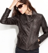 GUESS gives the classic biker jacket a chic update, complete with an overlapping asymmetrical collar and a cool quilted texture.