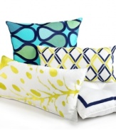 Trina Turk's Abstract decorative pillow features an ultra-modern teardrop pattern with embroidered details in vibrant blue and green tones. Zipper closure.