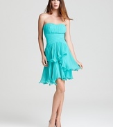 This vibrant Max & Cleo strapless dress flaunts a flouncy, layered skirt perfect for the dance floor.