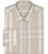A broad check pattern blending tonal hues distinguishes this handsome dress shirt from Burberry.