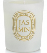 The Limited Edition Jasmine white colored votive, a classic scent that is fresh and opulent, green and exhilarating at sunrise. The flower emanates warm vanilla aromas around midday. Burn time is approximately 20 hours. 2.4 oz.