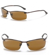 Metal framed sunglasses, bottom half of lenses unframed. Polarized brown lenses offer 100% UV protection.