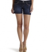 Studded pockets and a frayed hem elevate these dark wash shorts to ultra-cool heights! A hot weather must-have!